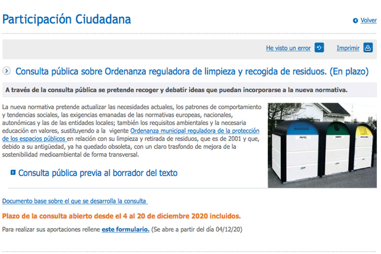 Consulta ciudadana para elaborar la nueva Ordenanza Municipal de Recogida de Residuos y Limpieza Viaria