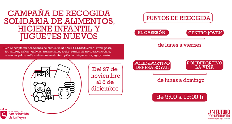 El Ayuntamiento de San Sebastián de los Reyes colabora con varias entidades sociales en una campaña de donaciones para ayudar a las personas con menos recursos