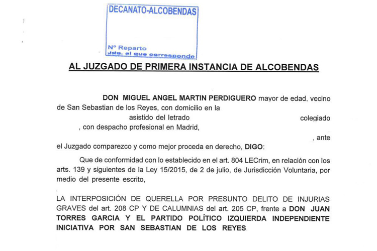 Miguel Ángel Martín Perdiguero se querella contra el Portavoz de Izquierda Independiente, Juan Torres, por injurias y calumnias