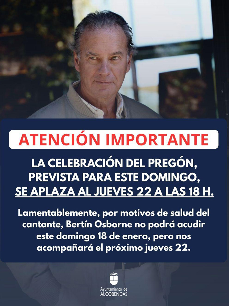 Se aplaza el Pregón de las Fiestas de la Virgen de la Paz al jueves, 22 de enero