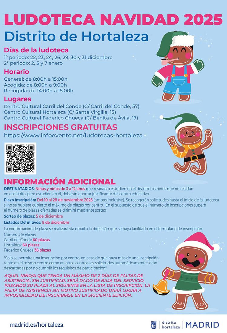 La Junta de Hortaleza ofrece a las familias 156 plazas en la Ludoteca gratuita de Navidad