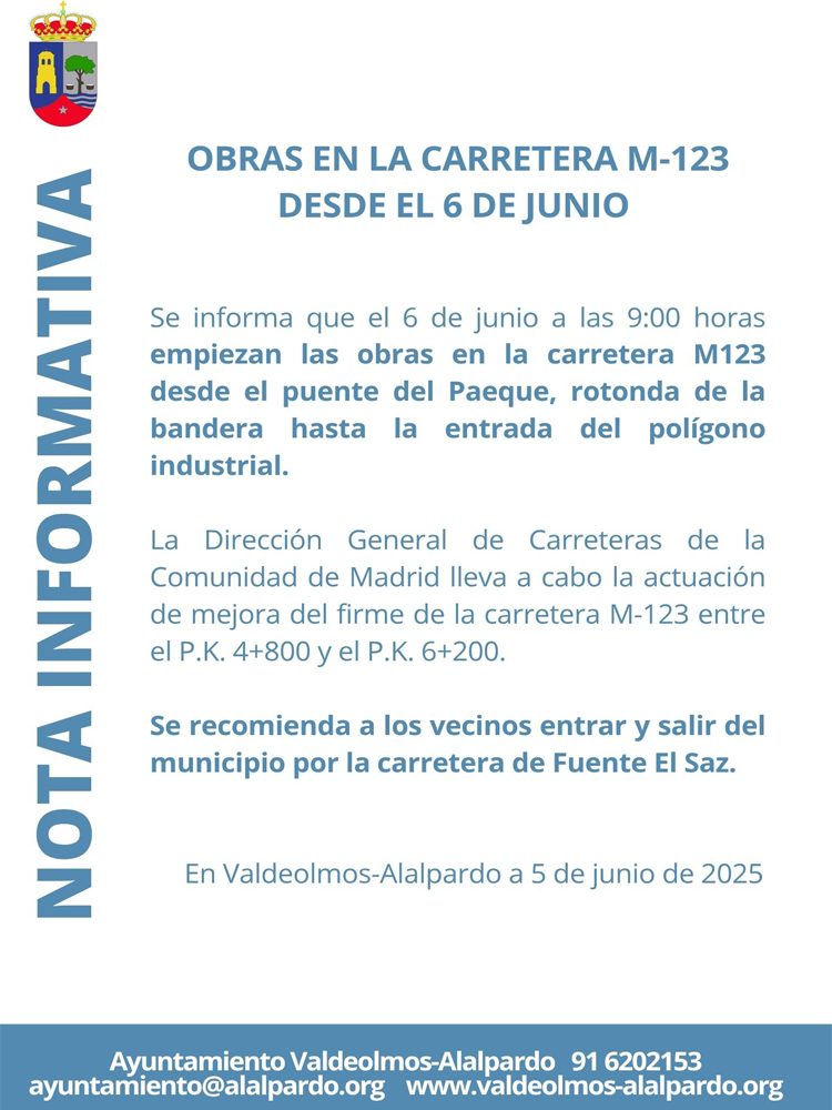 ¡¡¡OBRAS EN LA CARRETERA M-123 DESDE EL 6 DE JUNIO!!! 